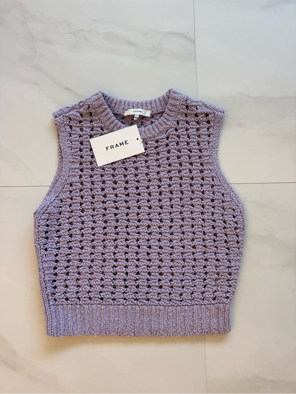 Frame Denim Lilac Crochet-Knit V-Neck Sleeveless Top